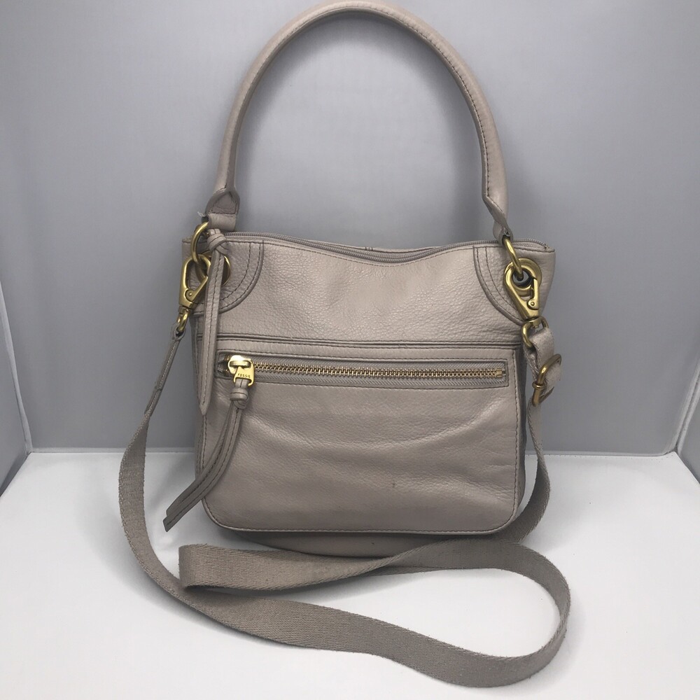 Fossil Women’s Crossbody Purse Silver Gray Leather Front Zipper Pocket Handbag